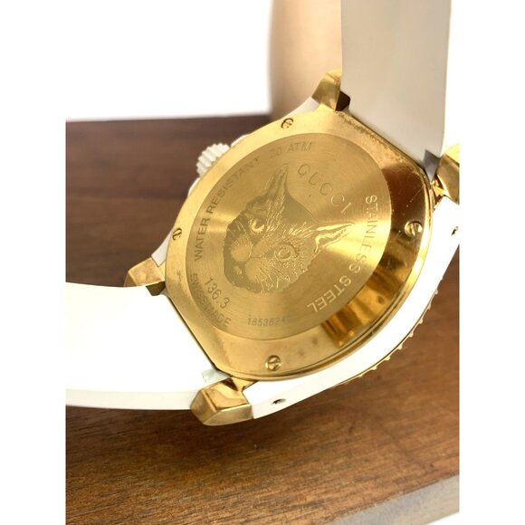 GUCCI Men's Watch YA136322 Dive Cat Swiss Quartz Gold White Rubber Strap 40mm - Picture 6 of 13